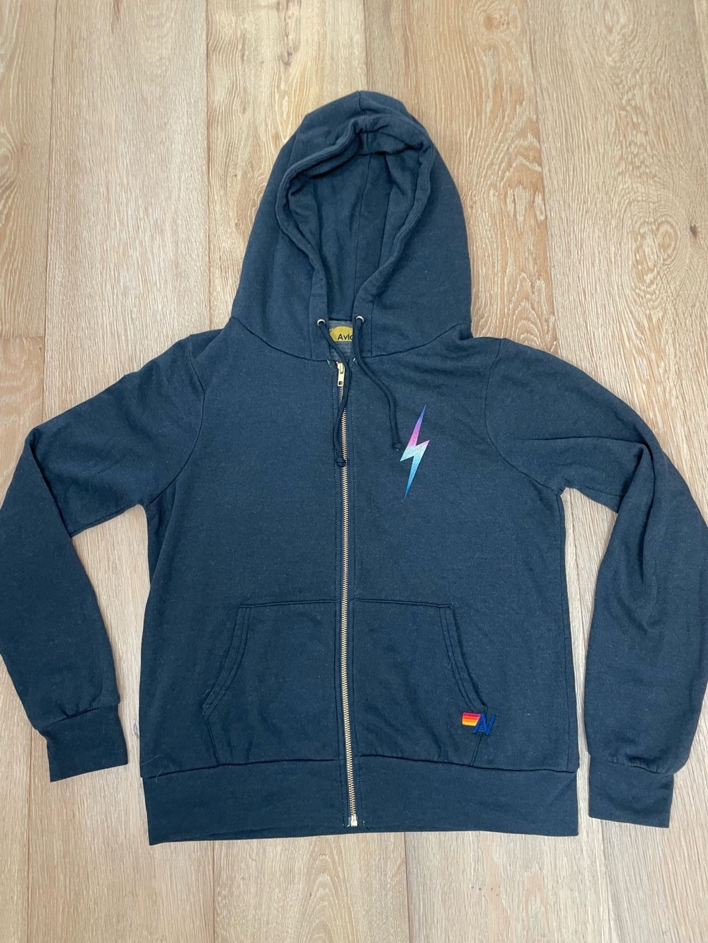 Aviator Nation unisex Zip-Up Hoodie with Pastel rainbow Lightning Bolt sz medium